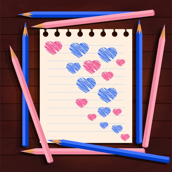 Pink and blue pencils, hearts — Stock Vector