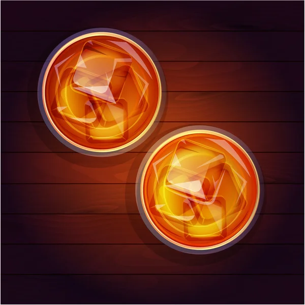 Two glasses of whiskey with ice, top view — Stock Vector