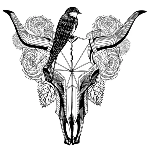 Pájaro en un tatuaje de cráneo de toro — Vector de stock