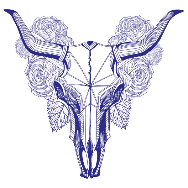 Cráneo de toro y rosas pluma gráfica — Vector de stock