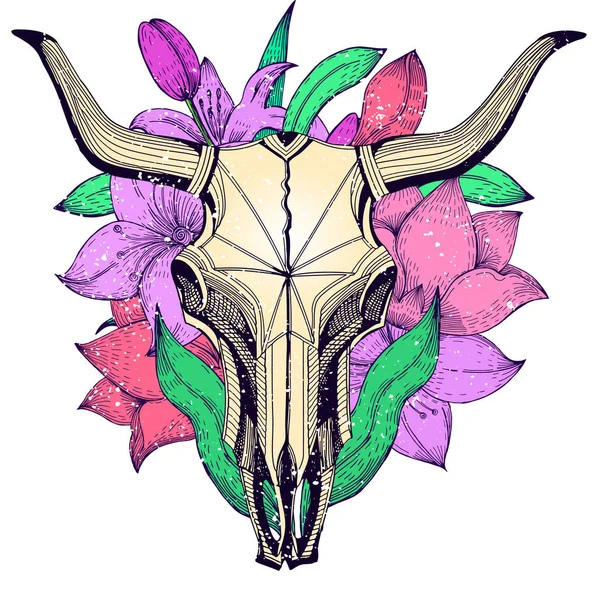 Bull skull on a background of lilies — Stock Vector