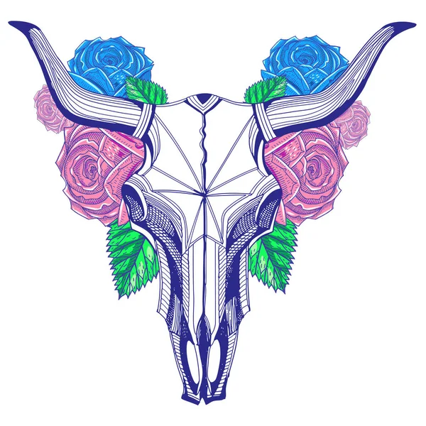 雄牛の頭蓋骨とバラ、グラフィック アート — ストックベクタ