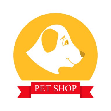 Dükkanı Logo.Vector bir köpek ve metni bir örnek bir namlu ile evde beslenen hayvan. Veteriner klinikleri ve evsiz hayvan sığınak. Web siteleri için rozetleri ve yazdırır. Köpek başkanı. Hayvan etiketleri.