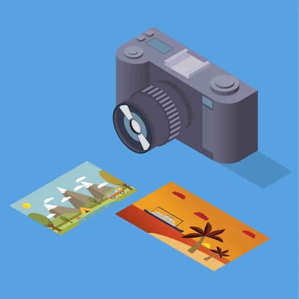 Vetor a câmera isométrica com fotos.Plano 3d isométrico web vector infográfico.Fotos com paisagens.Elemento de design para empresas de viagens, folhetos, os websites.Os objetos são isolados — Vetor de Stock