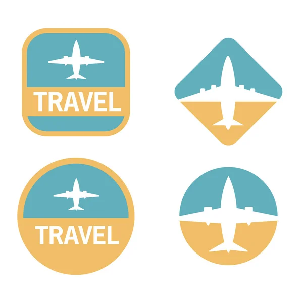 Set a vector flat of icons with the image of the plane and an inscription travel. As an icon for the websites of travel agencies, for leaflets, booklets, flyers, business cards. — Stock Vector