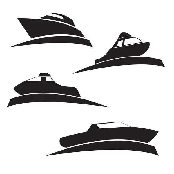 Vector a set of silhouettes of motor boats on water in flat style. Elements of design of logos, booklets, infographics, icons of games. — Stock Vector
