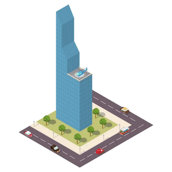 Vektor isometrisch mit dem Bau eines Wolkenkratzers, die Straße mit Autos, die Plattform für den Hubschrauber und Bäume. Elemente des Designs der Infografik. das städtische Gebäude mit dem Hubschrauberlandeplatz. — Stockvektor