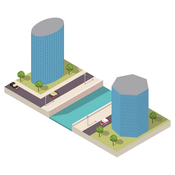 Vektor isometrisch mit dem Bau eines Wolkenkratzers, die Straße mit Autos, die Plattform für den Hubschrauber und Bäume. mit dem Fluss und dem Damm. Gestaltungselemente der Infografik. das städtische Gebäude — Stockvektor