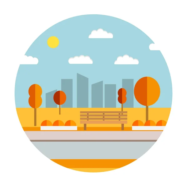 Flache Illustration mit dem Bild eines Parks mit Bank und Bäumen. Naturlandschaft im flachen Stil. Herbstlandschaft des Stadtparks — Stockvektor