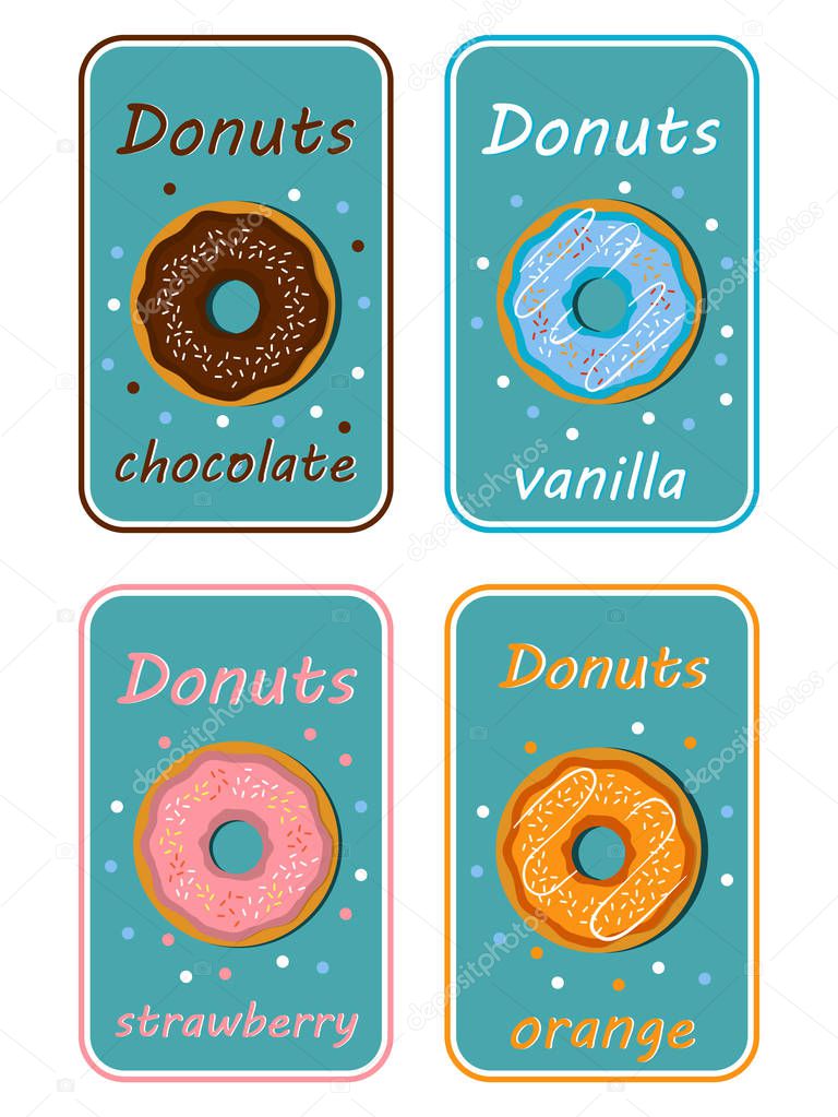 Set  consisting of chocolate, strawberry, orange donuts in flat style. For packing paper, a background for the websites of candy stores, booklets, leaflets, flyers on delivery of donuts.