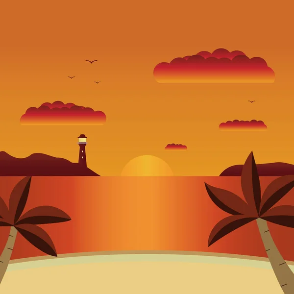 Вектор плоский пейзаж літній захід сонця з пляжем і пальмами на морі. Літня карта з фоном заходу сонця. Захід сонця над морем. Морський пейзаж з видом з затоки на маяку . — стоковий вектор