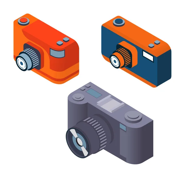 Digitale Fotokamera Set flache 3D-Vektorisometrie. Die Objekte sind isoliert. — Stockvektor