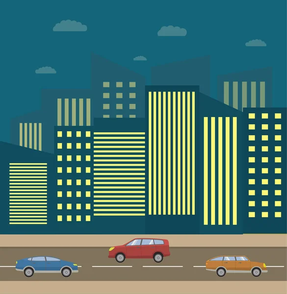 Paisaje nocturno de la ciudad con casas y la carretera con coches . — Vector de stock