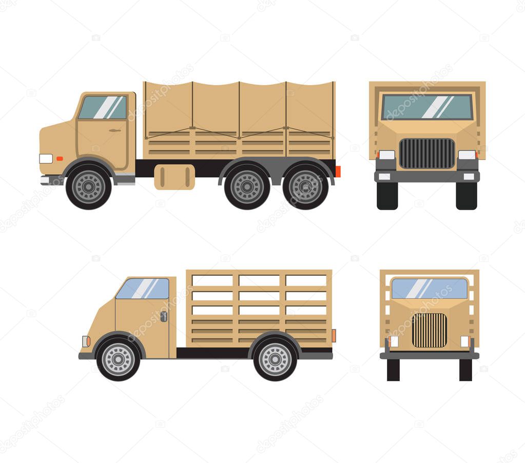  Vector flat set of military heavy trucks.Transport carriage of soldiers..Special military equipment. Vintage army transportation.Army truck.Military transportation.