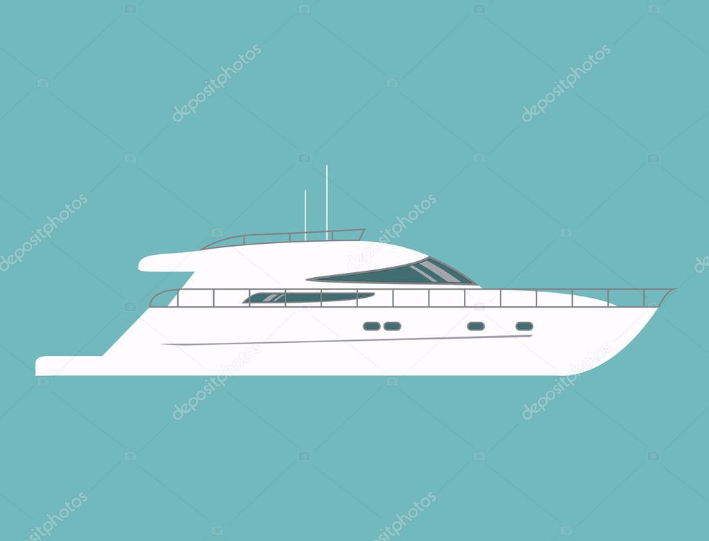 Luxury travel seaway ocean transport vector motor yacht boat in trendy flat design.White yacht boat with the wooden deck top view.Voyage and elements of design for the tourist websites and firms.