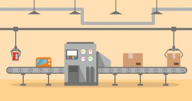 Düz stil paketleme fabrikası konveyör. Konveyör otomatik üretim hattı hattı Conveyor.Industrial machine.engineering vektör çizim karton Boxes.Production süreci ile