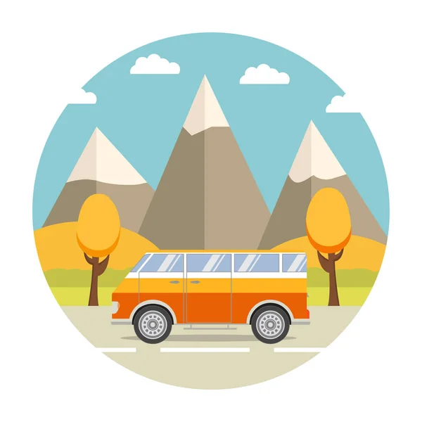 Векторні Плоскі Ілюстрації Горами Автомобілем Дорозі Елемент Подорожі Van Design — стоковий вектор