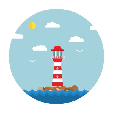 .Arka planda izole edilmiş. Deniz feneri simgesi ufuk çizgisinde. Deniz feneri ve martılı deniz manzarası olan beakonflat bir şablon ile bir illüstrasyon oluşturun..
