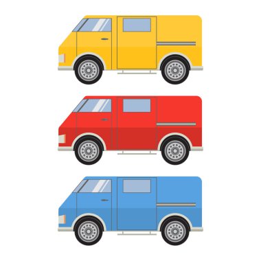 Farklı malların teslimatı sırasında bir dizi taşıyıcı düz kargo minibüsü. Yük ve taşımacılık şirketleri, afişler, broşürler ve oyuncak mağazaları için web sitesinin bir tasarımı.