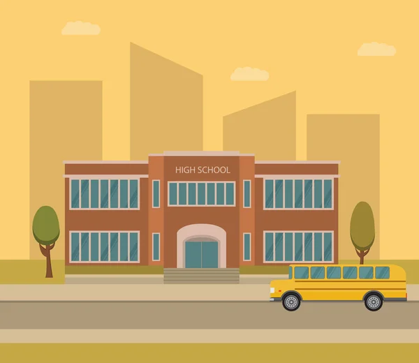 Vecteur Plat Paysage Urbain Avec École Bus Set Fond Scolaire — Image vectorielle