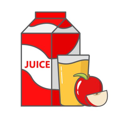Bir paket taze meyve suyu, elma ve elma suyu. Düz çizgi sanat vektörüyle. Web sitesi simgesi için bir kart veya afiş kavramı.