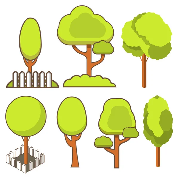 Árvores Isométricas Arbustos Branco Fence Isometric Linha Plana Arte Vector — Vetor de Stock