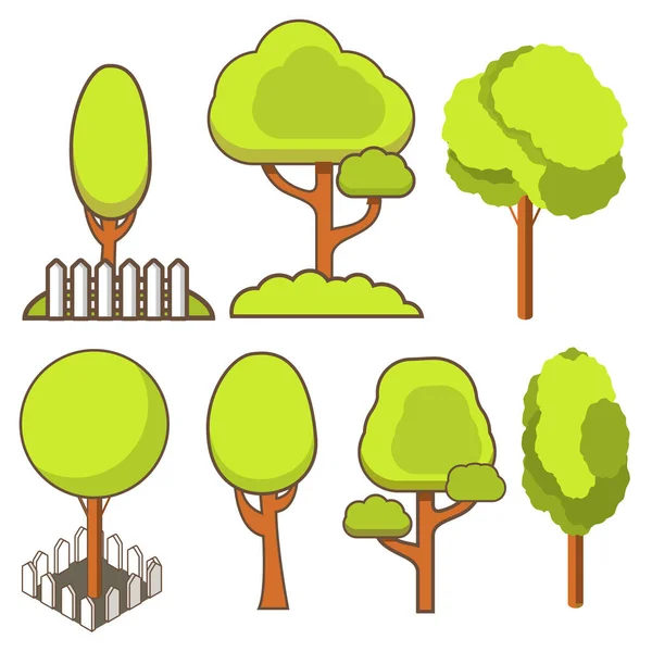 Trees Isometric Bushes White Fence Isometric Flat Line Art Vector — Stock Vector