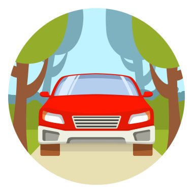 Arabayla dışarı çıkmak, orman yolunda, kırsal yolda araba yolculuğu, taşraya yolculuk, modern araç, ön manzara, farlı çizgi film, ön cam ve tekerlekler. Düz bir vektörde. Web sitesi için bir simge.