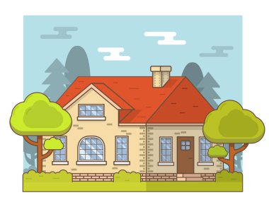 Yazlık özel kır evi kır arazisi, ev ağaçları ve çalılar. Pencereli ve çatısı olan ön cephe. Kasaba binası bacası kiralamak ve satın almak için..