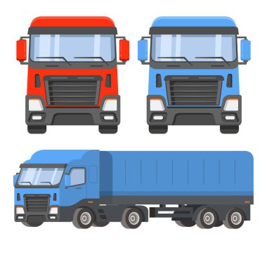 Yarı karavan kamyonu. Önden ve yandan. Araç kargo teslimatı lojistiği. Nakliye vagonları. Düz vektör. Perde kenarları..