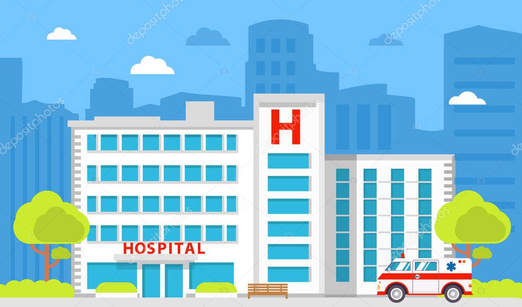 Medical institution. Hospital building. City ambulance medical care.Healthcare facility.Flat style a vector.Facade of improving and health center.Architecture of clinic.