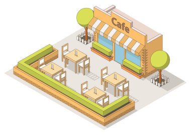 Isometric sokak kafesi, masalar ve sandalyeler, ağaçlar. Bilgi elementi restoranı binası. Ahşap üretimi. Çizgi düz vektör. Tuğla eskrim çalıları, veranda.