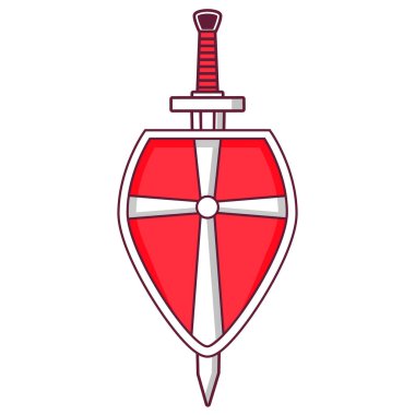 Kadim silah ve koruyucu ekipmanlar. İskandinav ortaçağ kalkan kılıcı. Web sitesi için bir simge. Haçlı gemisi. Askerlerden oluşan askeri teçhizat. Tasarım dövmesi. Düz vektör.