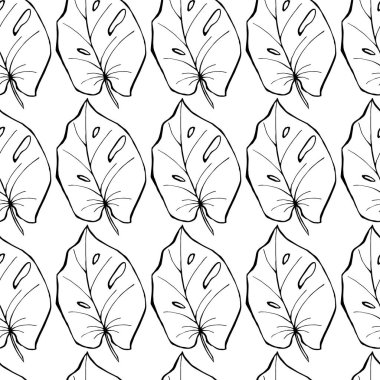 Kusursuz desenli canavar yaprakları. Beyaz arka planda siyah çizgi. Kumaş, tekstil ve duvar kağıtları için tasarım.