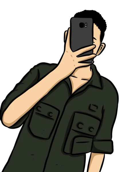 Cartoon Junge Benutzt Handy Für Selfie — Stockfoto