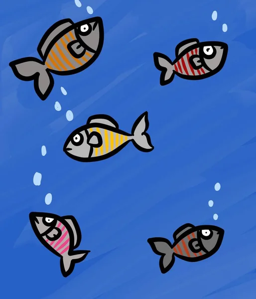 Dessin Animé Poisson Mignon Sur Eau Bleue — Photo