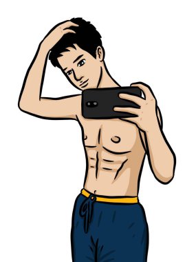 Çizgi filmci selfie için telefon kullanıyor.