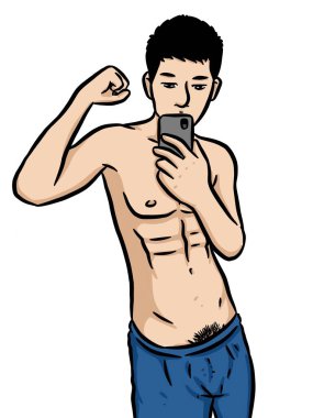 Çizgi filmci selfie için cep telefonu kullanıyor.