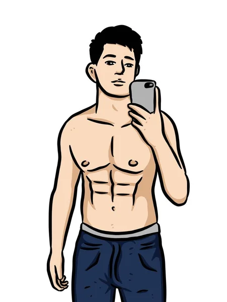 Cartoon Uomo Uso Mobile Selfie — Foto Stock