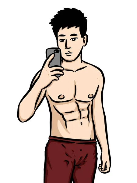 Dessin Animé Homme Utiliser Mobile Pour Selfie — Photo