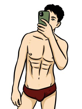 Çizgi filmci selfie için cep telefonu kullanıyor.