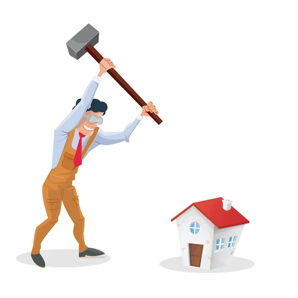 Casa de problemas. homem destruindo sua casa — Vetor de Stock