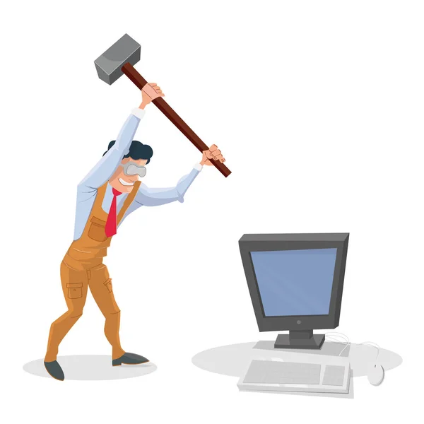 Odio el trabajo. Hombre golpeando ordenador de trabajo — Vector de stock