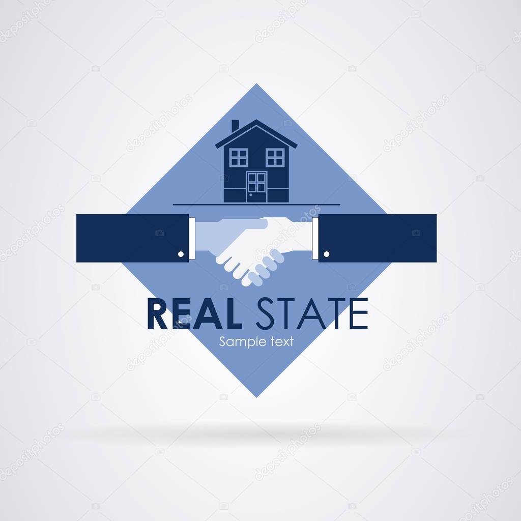 Logo Real State: Hands reaching an agreement. House for sale at the top. Vector