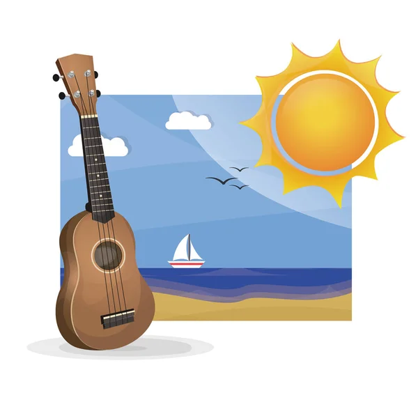 Ukulele en la playa hawaii en verano — Vector de stock