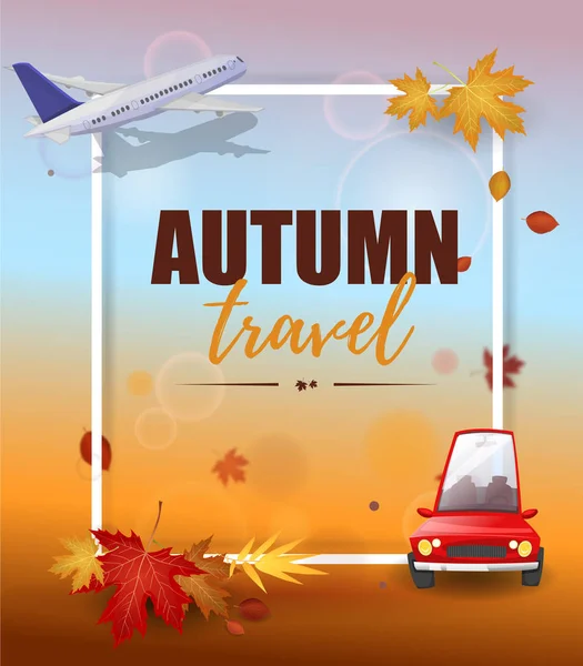 Φθινοπωρινά ταξίδια αεροπλάνο ή αυτοκίνητο. Αφίσα — Διανυσματικό Αρχείο