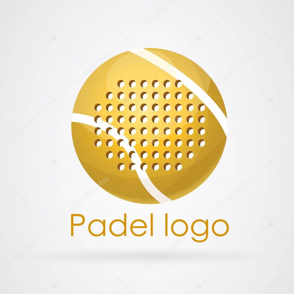 Logo padel paddle yellow ball: Paddle ball with holes imitating racket. Vector image