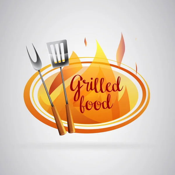Logotipo Churrasco alimentos grelhados com chamas — Vetor de Stock