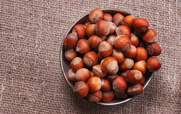 Hazelnut in a metal plate on fabric background. The view from the top — Stock Photo, Image
