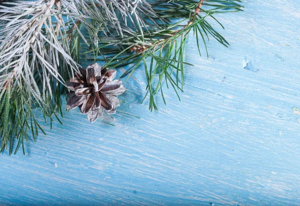 Pinecone, fenyő és ág. A keret sarkában. A hóval borított, fából készült háttér — Stock Fotó